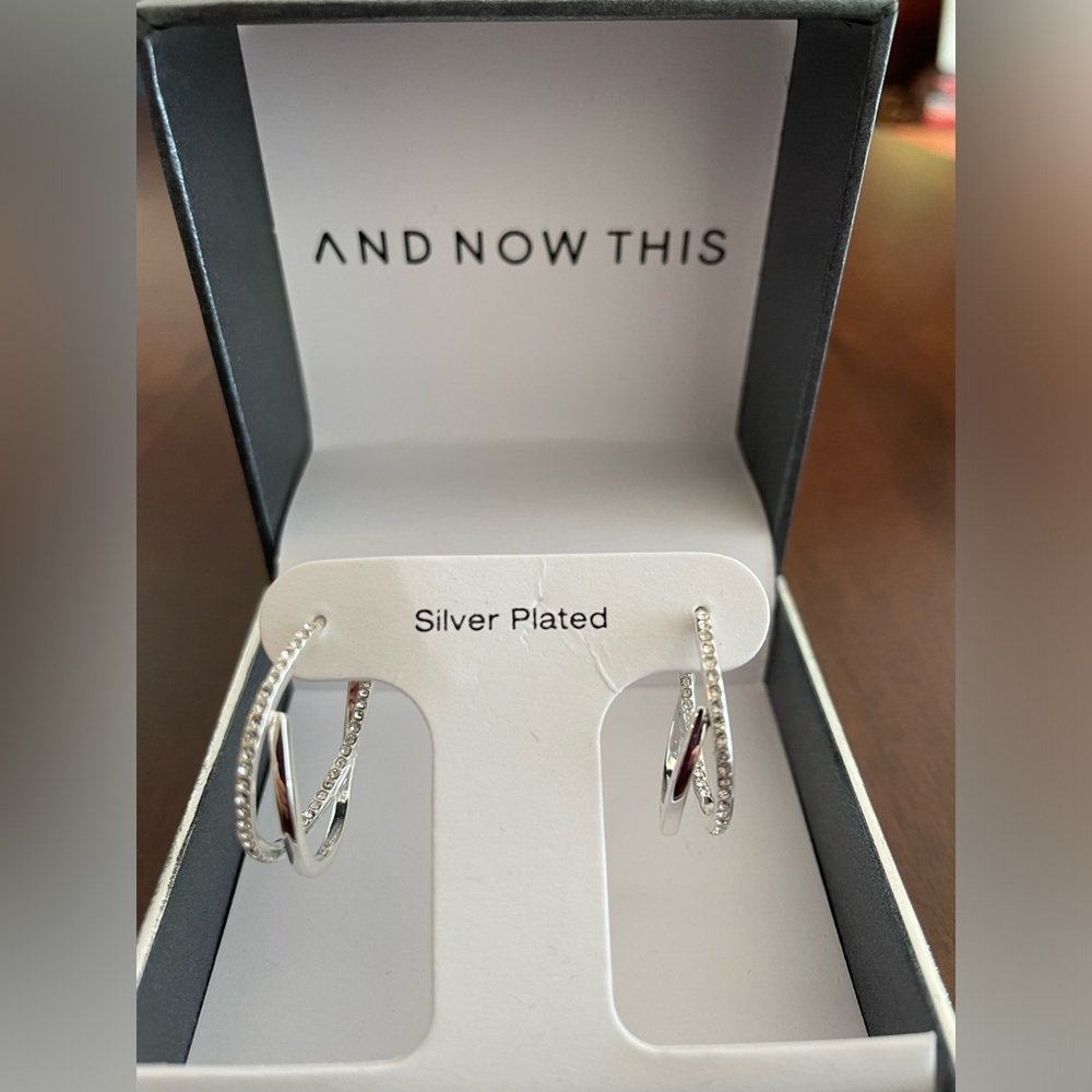 AND NOW THIS crystal silver-plated double hoop earrings